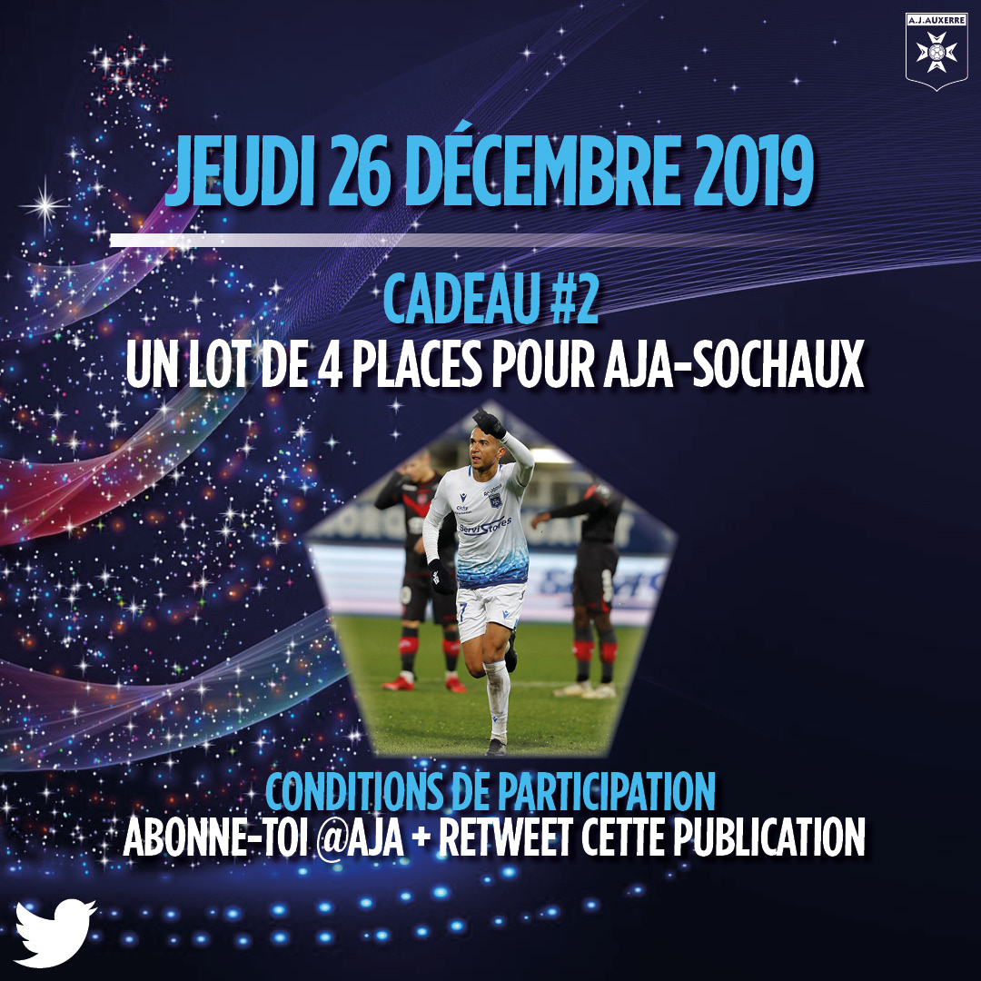 AJ Auxerre (@aja) on Twitter photo 🎁 Cadeau n°2 🎁
⭐️ Un lot de 4 places pour le prochain match au Stade Abbé Deschamps : AJA - <a href="/FCSM_officiel/">FC Sochaux-Montbéliard</a>
Pour participer :
1️⃣ Follow <a href="/AJA/">AJ Auxerre</a>
2️⃣ Retweet ce post
🍀 Tirage au sort 02/01/20 🎁 Cadeau n°2 🎁
⭐️ Un lot de 4 places pour le prochain match au Stade Abbé Deschamps : AJA - <a href="/FCSM_officiel/">FC Sochaux-Montbéliard</a>
Pour participer :
1️⃣ Follow <a href="/AJA/">AJ Auxerre</a>
2️⃣ Retweet ce post
🍀 Tirage au sort 02/01/20