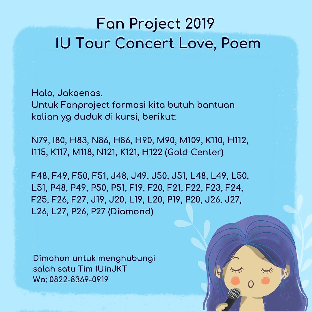 allaboutIU's tweet photo. [ANNOUNCEMENT] #DAY1PROJECT
Love, poem in Jakarta (Day 1) concert attendees

For you who has ticket with the seat number mentioned in the poster, please contact the no. provided immediately 💙🙏

#IUinJKT https://t.co/a8okmBGhdD