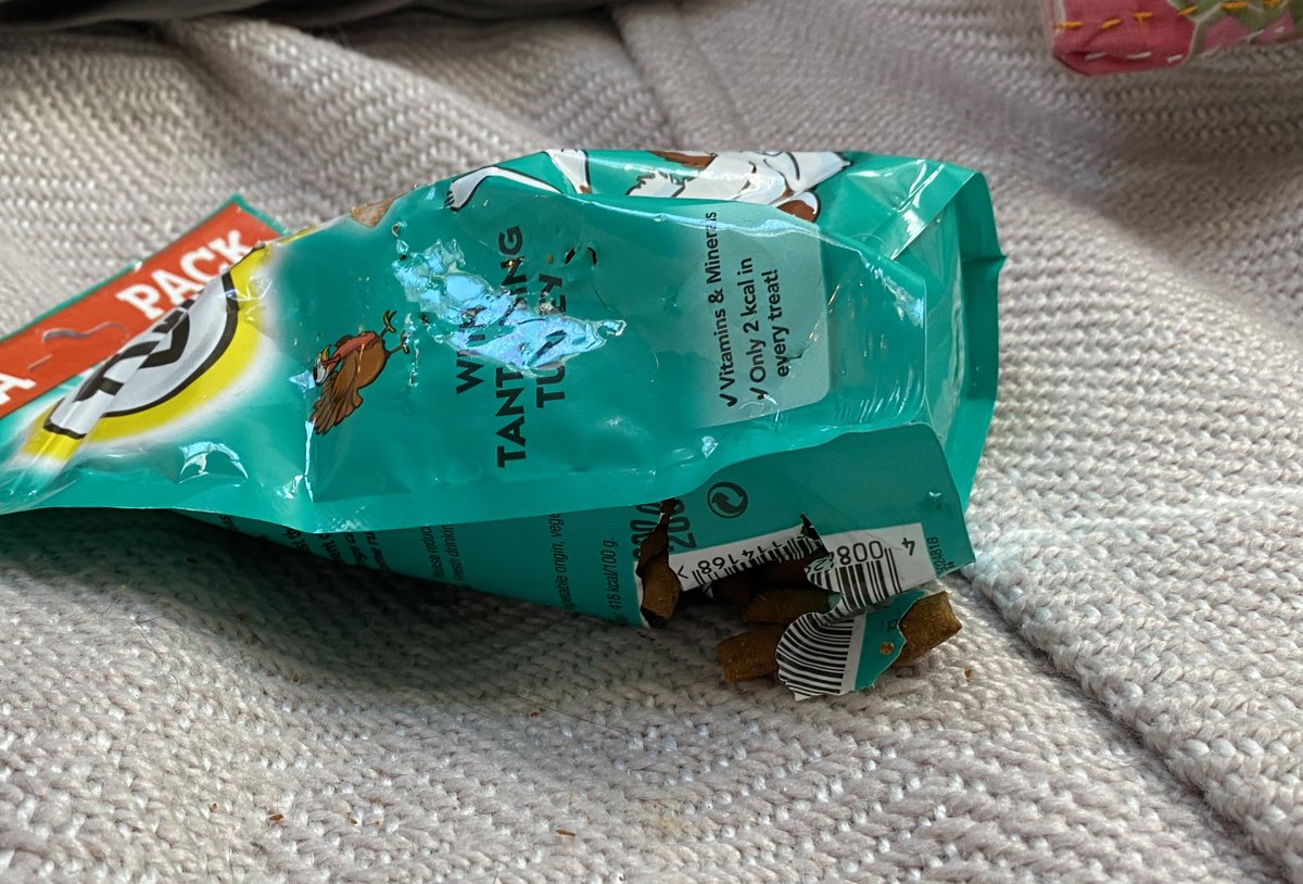DavidMuttering's tweet photo. Ok Legal Twitter (and any of an investigative bent), there is a crime to be solved. An unopened packet of Dreamies was found damaged (Exhibit 1). It was a Christmas present for the suspect (Exhibit 2). Case theories anyone? @BarristerSecret - any thoughts? https://t.co/K9Y5rrroiy