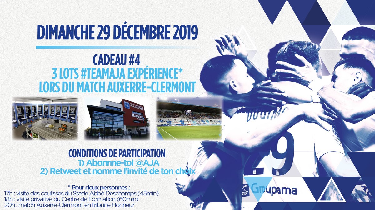 AJ Auxerre (@aja) on Twitter photo 🎁 Cadeau n°4 🎁
⭐️ 3x2 invitations #TeamAJA expérience :
- visite coulisses Stade
- visite #FormationAJA
- 2 places en honneur AJA - <a href="/ClermontFoot/">Clermont Foot 63</a>
Pour participer :
1️⃣ Follow <a href="/AJA/">AJ Auxerre</a>
2️⃣ Retweet ce post
3️⃣ Nomme ton invité
🍀 Tirage au sort 02/01/20 (trois gagnants) 🎁 Cadeau n°4 🎁
⭐️ 3x2 invitations #TeamAJA expérience :
- visite coulisses Stade
- visite #FormationAJA
- 2 places en honneur AJA - <a href="/ClermontFoot/">Clermont Foot 63</a>
Pour participer :
1️⃣ Follow <a href="/AJA/">AJ Auxerre</a>
2️⃣ Retweet ce post
3️⃣ Nomme ton invité
🍀 Tirage au sort 02/01/20 (trois gagnants)