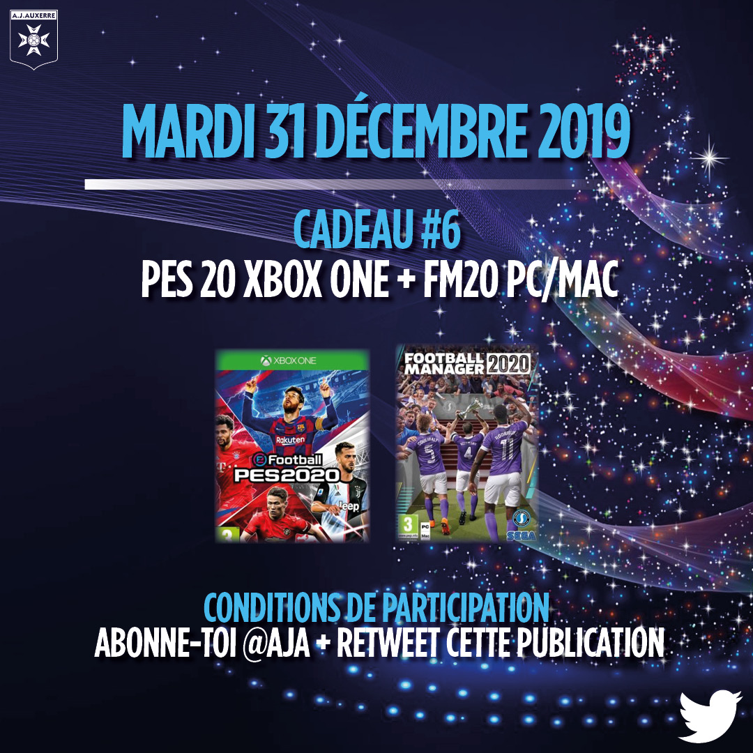 AJ Auxerre (@aja) on Twitter photo 🎁 Cadeau n°6 🎁
⭐️ Un lot <a href="/officialpes/">officialPES - Inactive</a> sur <a href="/XboxFR/">Xbox FR</a> + <a href="/FMFrance/">Football Manager FRA</a>
Pour participer :
1️⃣ Follow <a href="/AJA/">AJ Auxerre</a>
2️⃣ Retweet ce post
🍀 Tirage au sort 02/01/20 🎁 Cadeau n°6 🎁
⭐️ Un lot <a href="/officialpes/">officialPES - Inactive</a> sur <a href="/XboxFR/">Xbox FR</a> + <a href="/FMFrance/">Football Manager FRA</a>
Pour participer :
1️⃣ Follow <a href="/AJA/">AJ Auxerre</a>
2️⃣ Retweet ce post
🍀 Tirage au sort 02/01/20