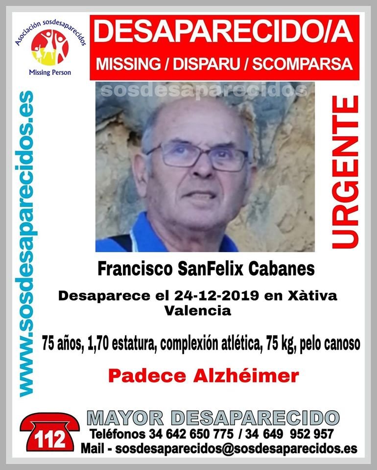 🆘#MuyUrgente⚠

Este es Francisco, un #mayor que padece #Alzheimer y ha #desaparecido en #Xativa, #Valencia ¿Lo has visto? 🤙

☎️ #062
☎️   091
☎️   112

Tu RT no cuesta nada y puede ayudar mucho.