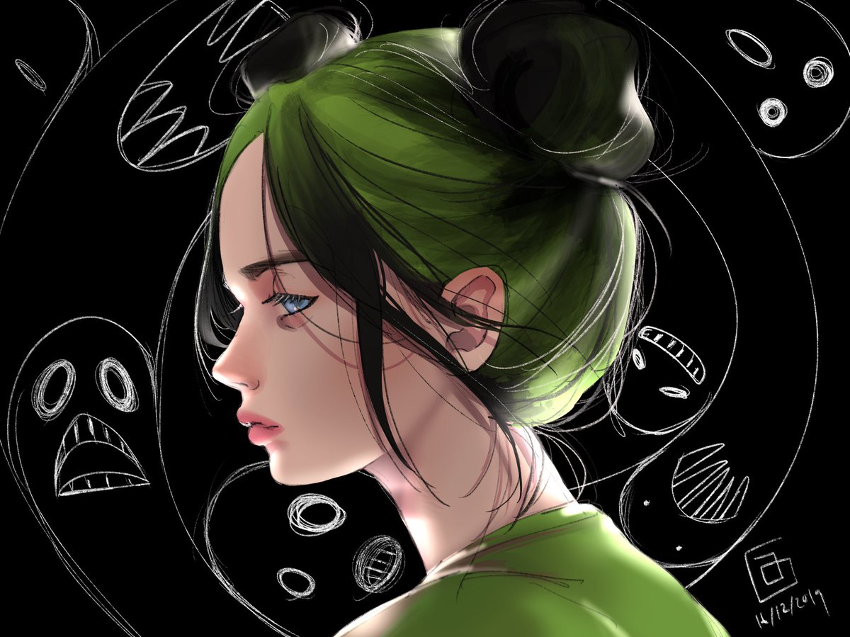 1girl jewelry solo green hair black hair hair bun shirt  illustration images