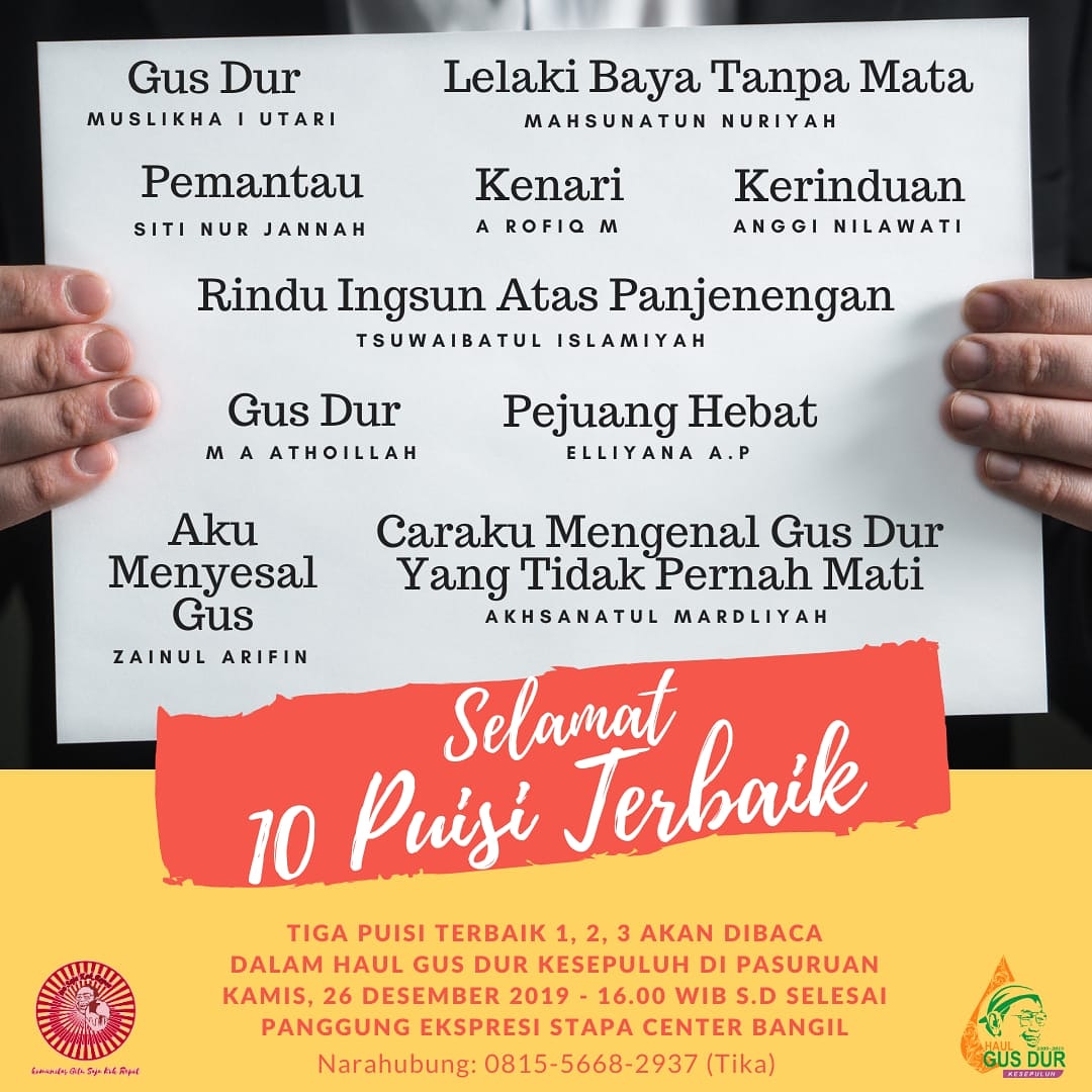 Selamaaaaat 🥳
10 Puisi Terbaik oleh pada lomba cipta puisi🎉
#haulgusdur10
#BulanGusDur
#jaringangusdurian 
#gusdurianjatim
#kgskr
#gusdurianpasuruan
#lombaciptapuisi
#puisitentanggusdur