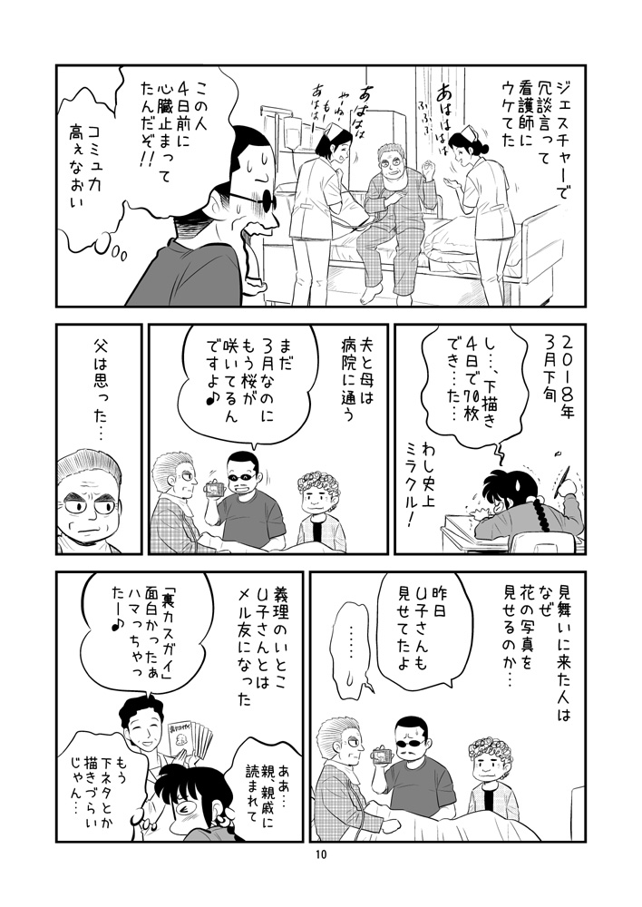 \4日前、心臓止まったのに!?/ のマンガ。

父危篤ドキュメント、前回の重い内容からのぉ～…(;'∀`)

新刊「裏カスガイ26」
伊藤伸平おだぎみを漫画家夫婦マンガ

#C97 12/30 西3 K-01a【ちっく】 
