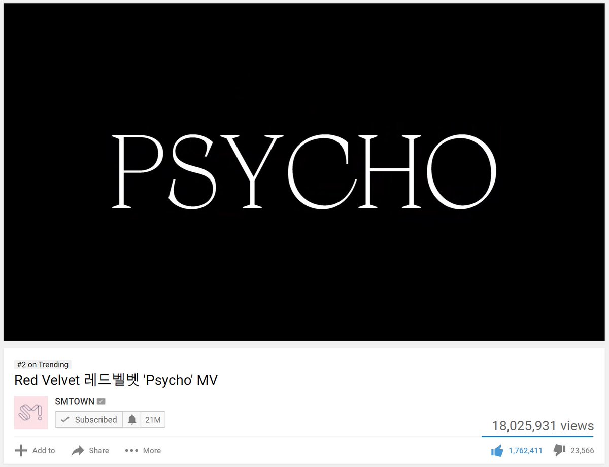 RedVelvet Records (@rvrecords01) on Twitter photo Red Velvet's Psycho Music Video reached 18M viewsππ
#RedVelvet #SayPSYCHO #PSYCHO #λ λ벨벳 #TheReVeFestivalFinale <a href="/RVsmtown/">Red Velvet</a> Red Velvet's Psycho Music Video reached 18M viewsππ
#RedVelvet #SayPSYCHO #PSYCHO #λ λ벨벳 #TheReVeFestivalFinale <a href="/RVsmtown/">Red Velvet</a>