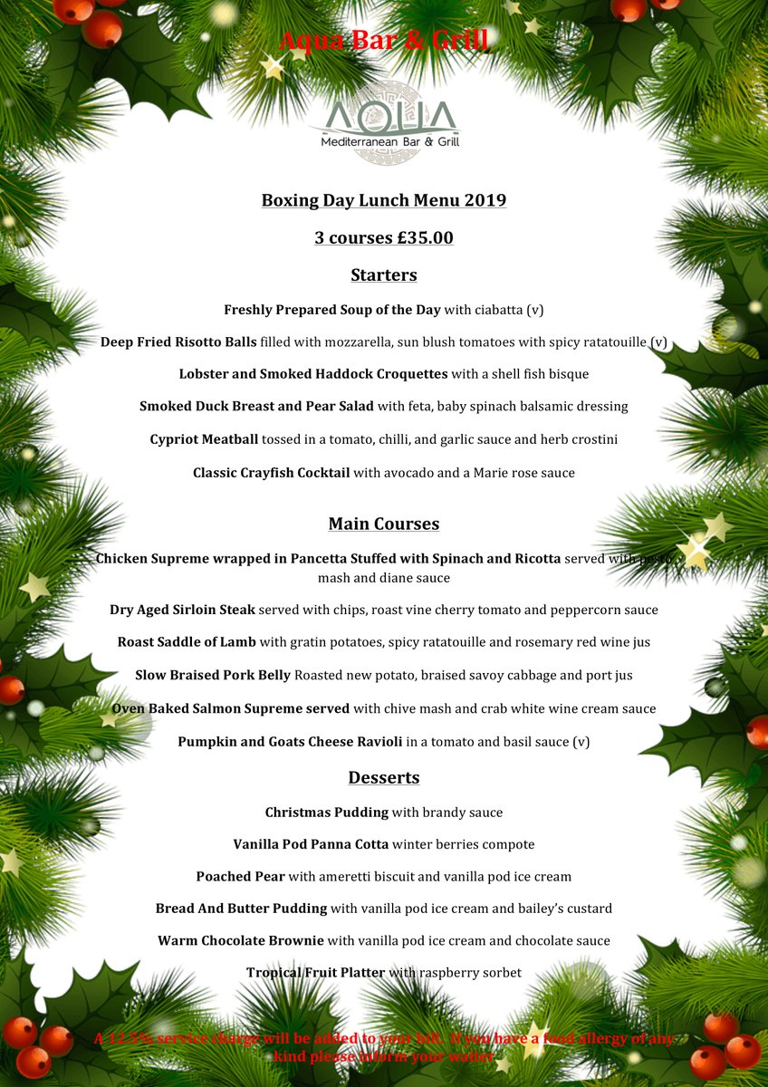 Whether you're going to the Boxing Day sales, or not in the mood of cooking, let us look after you! We've got our 3 course Boxing day menu for only £35!

Reserve a table online via bit.ly/AquaPettsWood