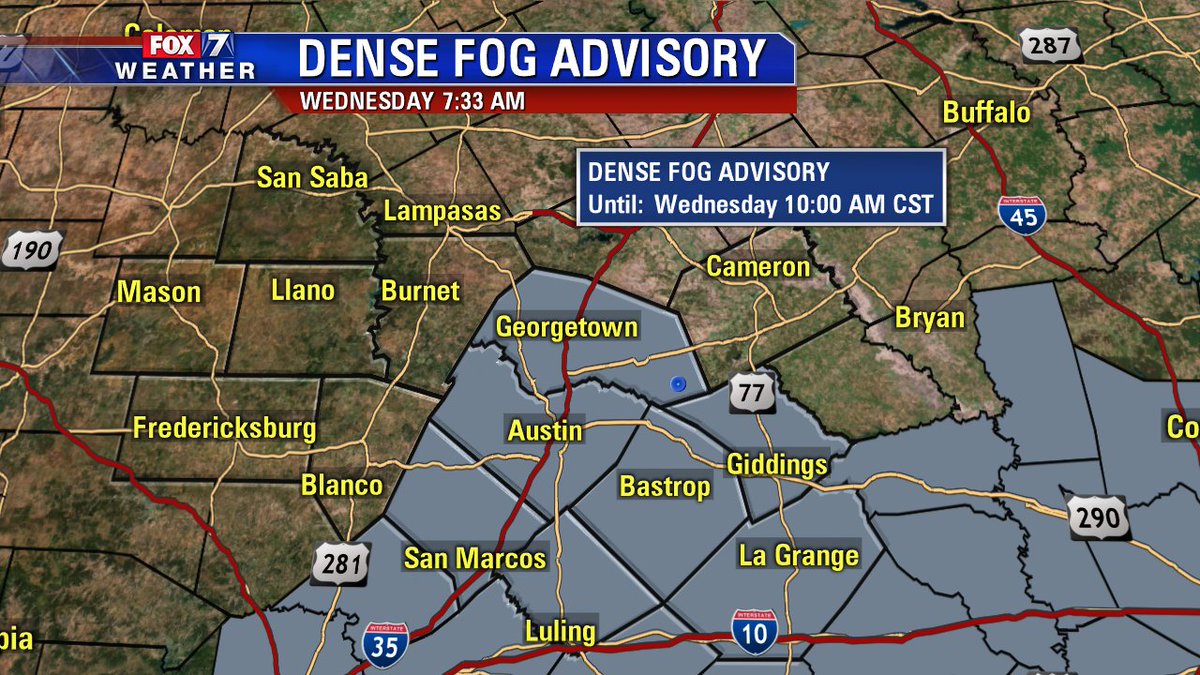 ChelsAndrewsWX's tweet photo. Good thing Santa had Rudolph's red nose last night because it was foggy! The fog/drizzle will hang around for many of us through the next few hours.
The Dense Fog Advisory for Central Texas will expire at 10 a.m. #txwx #atxx #Austin https://t.co/JcfyOlC8WE