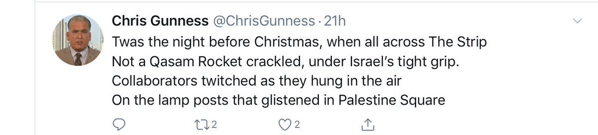@Roni4488 @kishkushkay @ChrisGunness Wait until you see the Tweet about Hamas public hangings.
Turns out Mr Gunness is a fan...