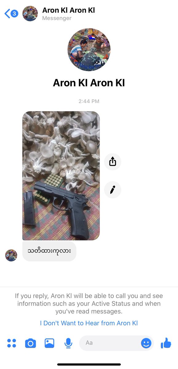 nslwin's tweet photo. A Burmese facebooker sent me this message just 5 mins ago.
Be careful Kalar!
With a photo of a gun. Scary!
#Facecook #Rohingya #Myanmar #Genocide #Threat https://t.co/eErVNw0cq2