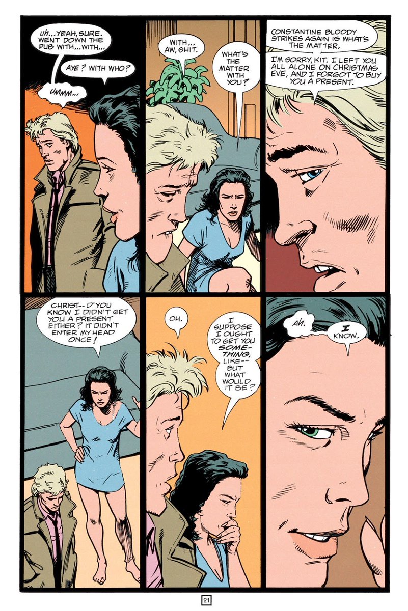 talkjohnc's tweet photo. ❝ You ever leave me in the house on Christmas Eve again, John Constantine, I'll beat the shite out of you. Merry Christmas. ❞

💞 John spends all night doing a good deed and forgets to buy a gift for Kit. Both empty-handed, they have their first kiss. - Hellblazer #49 https://t.co/pUZp3akcdj