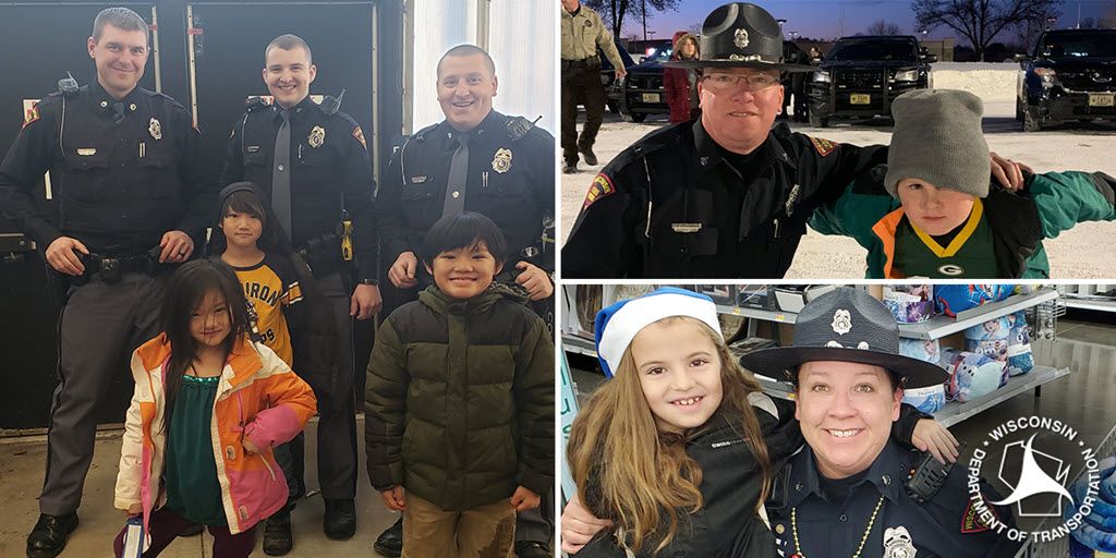 WisconsinDOT's tweet photo. Recent #ShopWithACop events in Pierce, Green and Marathon Counties were a great way for Wisconsin State Patrol troopers and inspectors to connect with their communities and brighten a few kids’ holiday seasons. #WIStatePatrol #MerryChristmas https://t.co/JL2I60W2sj