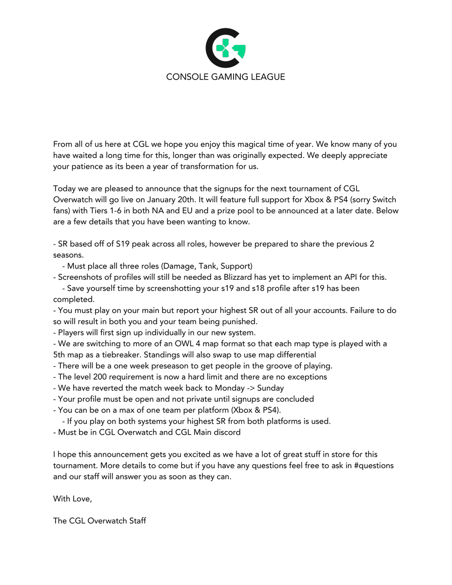 ConsoleGamingLG's tweet photo. Happy Holidays Gamers!!!

Today we are pleased to announce the upcoming tournament of CGL Overwatch 

Sign ups go live on January 20th with full support for Xbox &amp; PS4 - NA &amp; EU
- Prize Pool to be announced 

Full notes in the attached image &amp; website
https://t.co/odA78OfUJk https://t.co/MfbUbAa89m