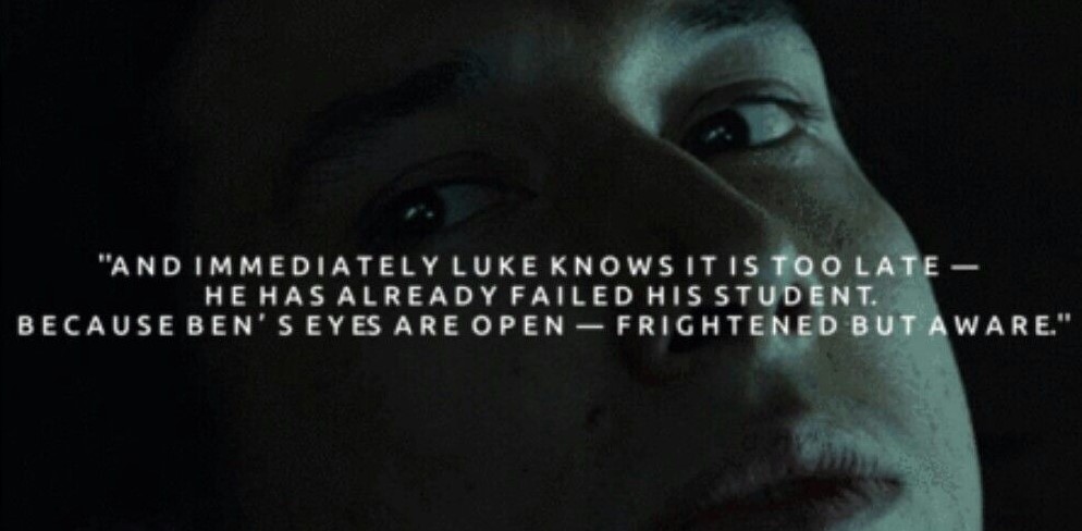 The next thing we know about is when Luke stands over Ben in his sleep, sees darkness (PALPATINE IS IN HIS FUCKING HEAD), and draws his saber. “And the last thing I saw were the eyes of a frightened boy whose master had failed him.”