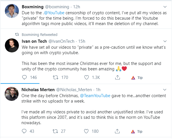 bitcoinkeskus's tweet photo. Lähes kaikki tunnetut kryptoista kertovat kanavat ovat joutuneet Youtuben puhdistustoimien kohteeksi.

Moni vaikuttaja raportoi, että Youtube on antanut yhtäkkiä varoituksia/bännejä lukuisista vanhoista videosta. Todella valitettavaa kehitystä - pian moni jättänee Youtuben. https://t.co/5w2Vt1oC7e
