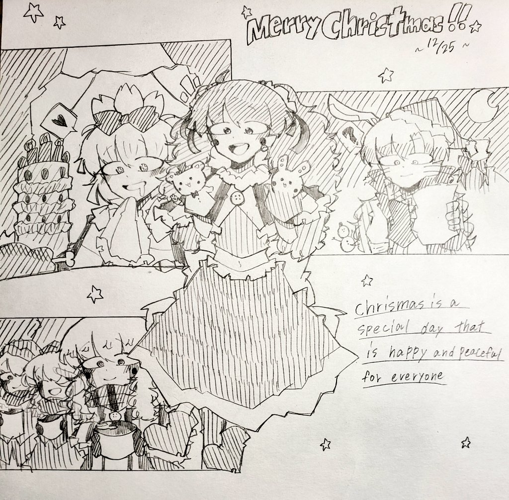 赤狐 Akagitsune Fnafのクリスマスイラスト Fnafのクリスマスイラストを描いてみました 今回は今まで描いたクリスマスイラストのエピソードをメインにして おまけにベイビーのクリスマスver も 一緒に描きました 擬人化です