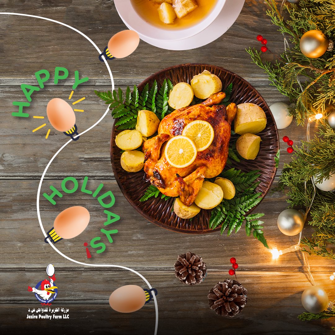 AlJaziraPoultry's tweet photo. Ho Ho Ho-pe the holidays are treating you right! Many wishes from our family to yours 🎄#GoldenEggs #AlJaziraChicken https://t.co/dadiprFoJq