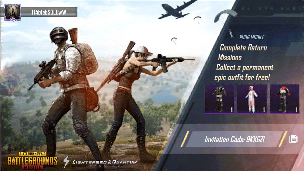 完成【PUBG MOBILE】回归任务，免费领史诗级永久套装！我的邀请码：9KX6ZI share.pbgcj.com/recallfriend.p…