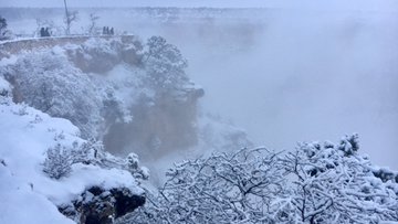 Description: people at a scenic overlook. Snow covers the ground and trees. The landscape is hidden by fog.