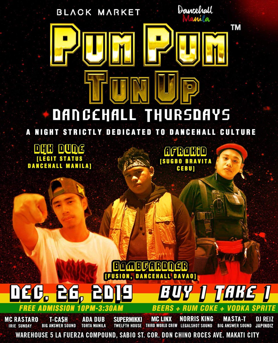FrancisDelWorld's tweet photo. Will be performing tomorrow's Pum Pum Tun Up!!! Together with DHK @south_kid_king and Bombgardner from @dancehall_davao !!!❤💚💛

Dancehall PH!! 😍🇯🇲🇯🇲 https://t.co/ebVPFaKn3T