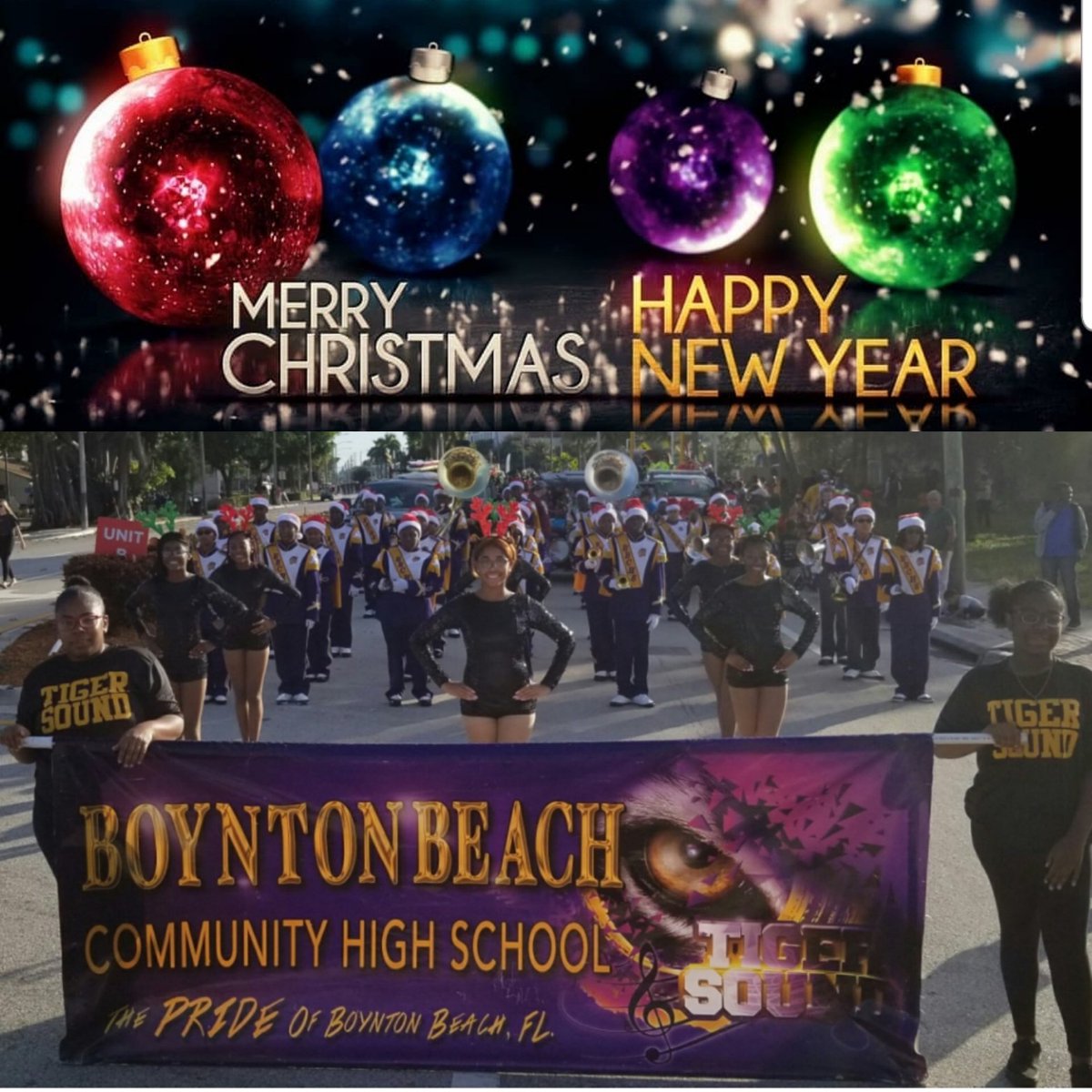 TigerSoundBand's tweet photo. Merry Christmas and Happy New Years from the Tiger Sound Family.
🎄🎉🎁🎅🏾🤶🏾 #PurpleAndGoldOhOhOhYouKnow 
#TigerSound 
#TigerPride https://t.co/T9Z2RVpIDR