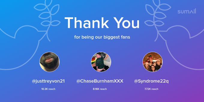 Our biggest fans this week: justtreyvon21, ChaseBurnhamXXX, Syndrome22q. Thank you! via https://t.co/5KATpBapss