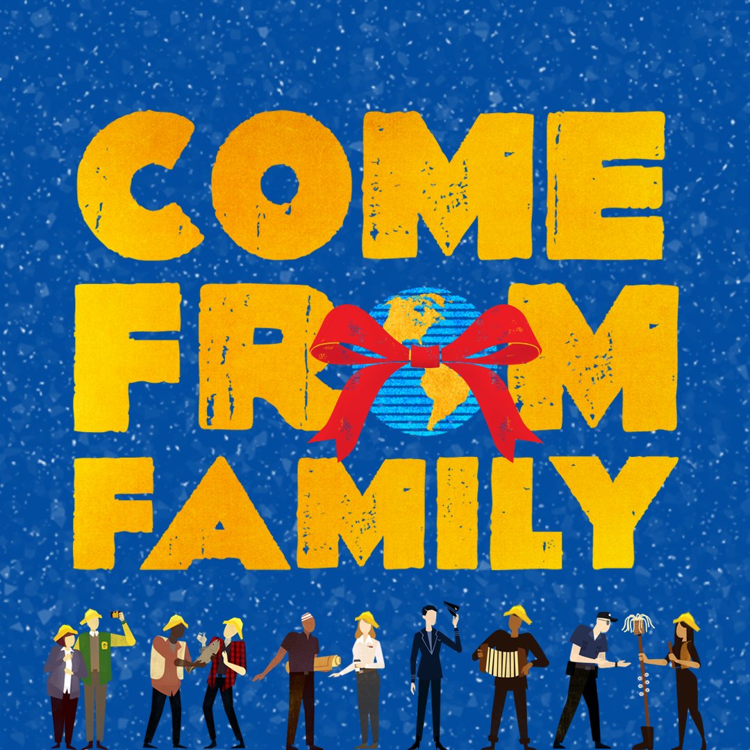 Come From Family in yellow text with bow in front of a blue background with snow and animated people at the bottom