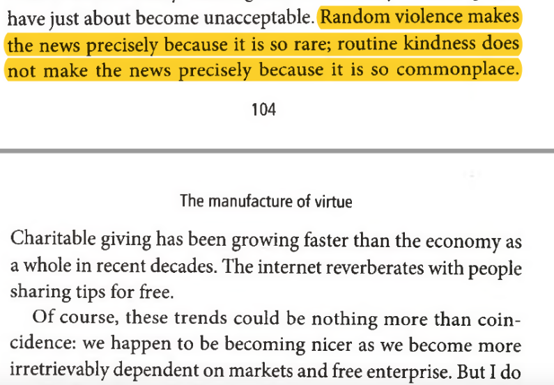 The Rational Optimist by  @mattwridley  https://amzn.to/2SrpKIG “Random violence makes the news precisely because it is so rare, routine kindness does not make the news precisely because it is so commonplace."