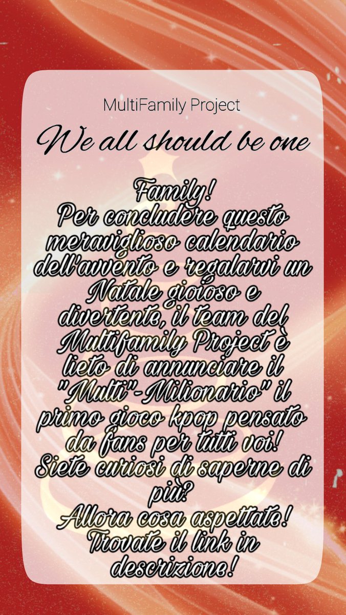 multifamilyita's tweet photo. Ebbene sรฌ l'ultima casella รจ un regalino per tutti voi โก
Speriamo vi piaccia! โ๏ธ
Link Gioco:
https://t.co/pDqHjpoeje
Buon Natale Family ๐โค
#kpop #multifamilyproject #straykids #day6 #astro #NFlying #got7 #theboyz #nct #wayv #onewe #bts #oneus #shinee #therose https://t.co/7xWQrsBON4