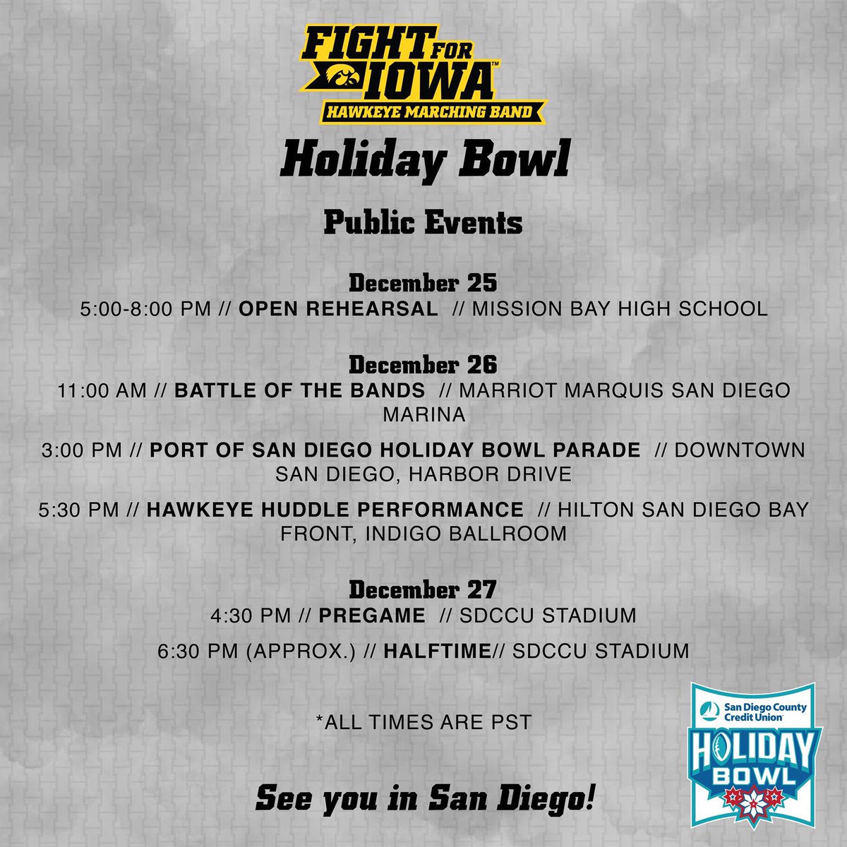 Happy Holidays from the Hawkeye Marching Band! We hope to see you in San Diego!