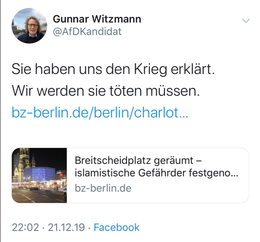 NiemaMovassat's tweet photo. Ich habe diesen Herrn #Witzmann wegen seiner Aufforderung, Muslime zu töten, so eben wegen Volksverhetzung (§ 130 StGB) bei der #Polizei #NRW angezeigt.
#noafd #nonazis https://t.co/lNEaKB3zRE