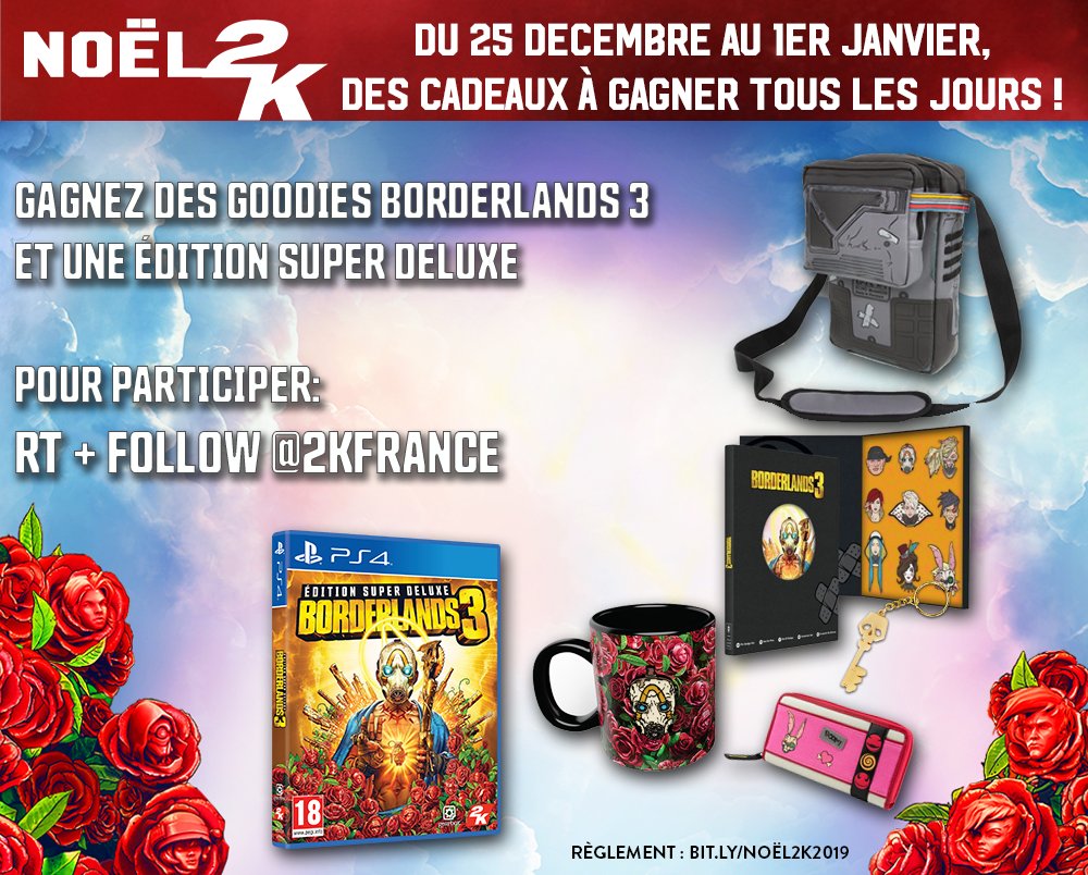 2KFrance's tweet photo. #Noël2K ! 🎄 25 décembre 🎄
Suivez @2KFrance + RT ce tweet pour tenter de gagner un pack #Borderlands3 !

🎁 Sacoche ECHO
🎁 Mug thermo-réactif
🎁 Édition Super Deluxe Borderlands 3 sur PS4
🎁 Set de pin's
🎁 Portefeuille Tina
🎁 Porte-clés

 Règlement : https://t.co/EBZimen1Sh https://t.co/LEZGT0SBE0