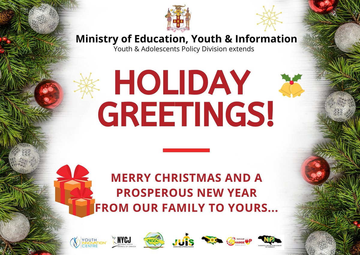 YouthJamaica's tweet photo. From the YAPD Family to yours!
Merry Christmas & a Prosperous 2020 🥂🎄🎉
Happy Holidays!
#youthjamaica
#youthja https://t.co/gcRN0oh9qG
