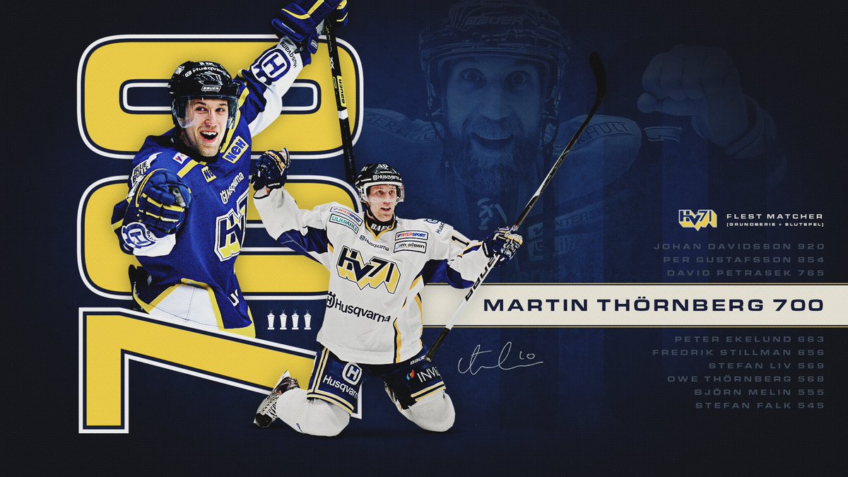 En av HV71:s största spelare genom tiderna passerar imorgon den magiska gränsen 700 matcher i klubben. Vi syns i Kinnarps Arena så hyllar vi Martin Thörnberg! #hv71