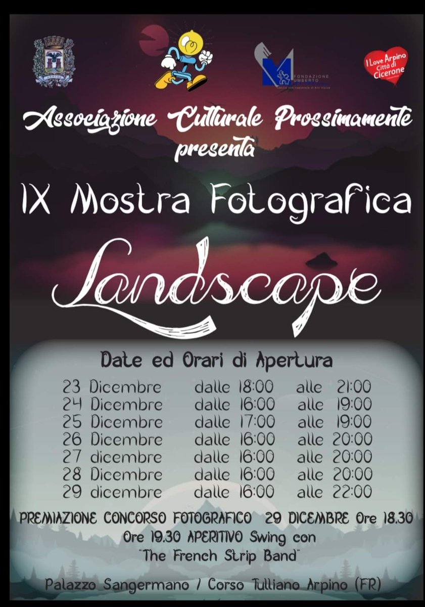 Prossima_Mente's tweet photo. Gli orari di apertura della IX mostra di Prossimamente presso il palazzo Barnabiti ad Arpino. https://t.co/EjhKC1kXlx