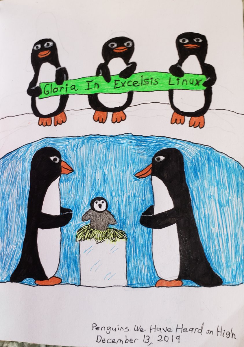 funkyartist's tweet photo. The #12DrawingsOfChristmas Day 6: I decided to #draw a #nativity that only an #opensource #computer #geek (such as .@philshapiro) will love. Itβs a #penguin scene with #Linux reference. #ink #drawing #TwelveDrawingsOfChristmas #nativityscene #sbpprocess #Christmas #MerryChristmas https://t.co/N6tkXRxAQ3