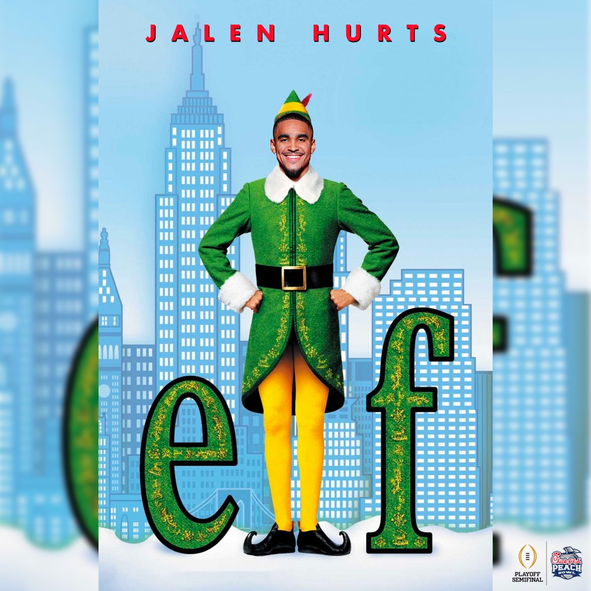 CFAPeachBowl's tweet photo. @MBStadium @LSUfootball @Joe_Burrow10 "Of course you're not an elf. You're 6-foot-2 and had a beard since you were 15." 

🎬@JalenHurts as elf. https://t.co/uuqN9t9KGL