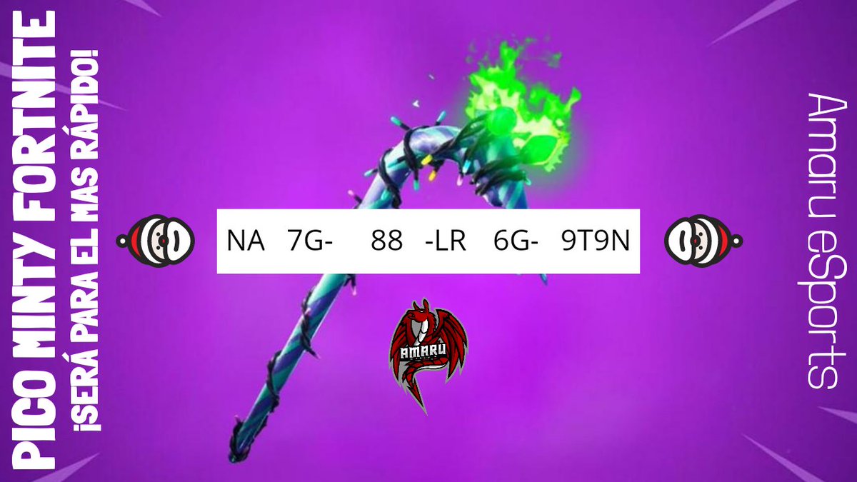 AmaruEsports's tweet photo. [#Regalo] 🎅🎁

¡Pico minty de #Fortnite! ⛏️

Vamos a dejar el código a medias 
y vosotros mismos tendréis que completarlo 😗

¿Como? 🤔

Por cada 5 Rt's enseñaremos una "letra o número" del código hasta completarlo finalmente

¿Juegas?

Let's Go Rt ⬇️ https://t.co/jcHS2orrA1