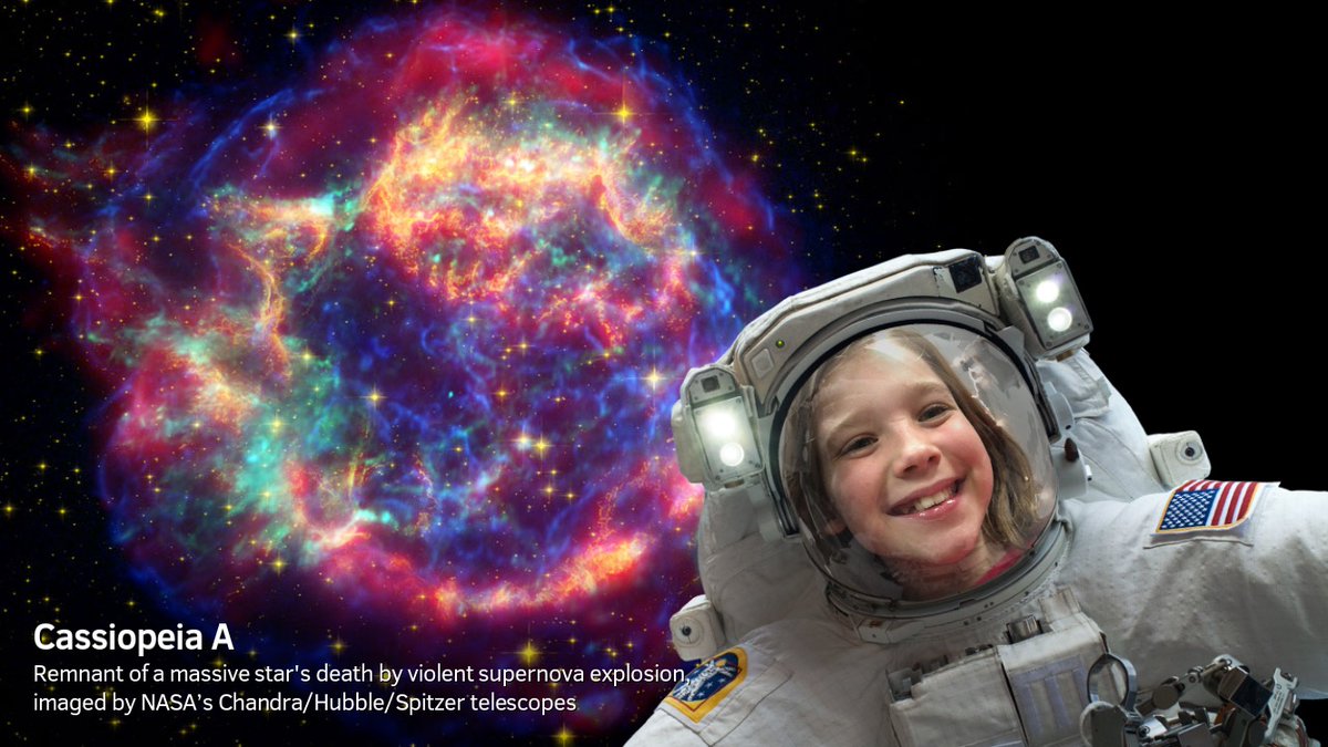 Little girl in front of a nebula image from Spitzer