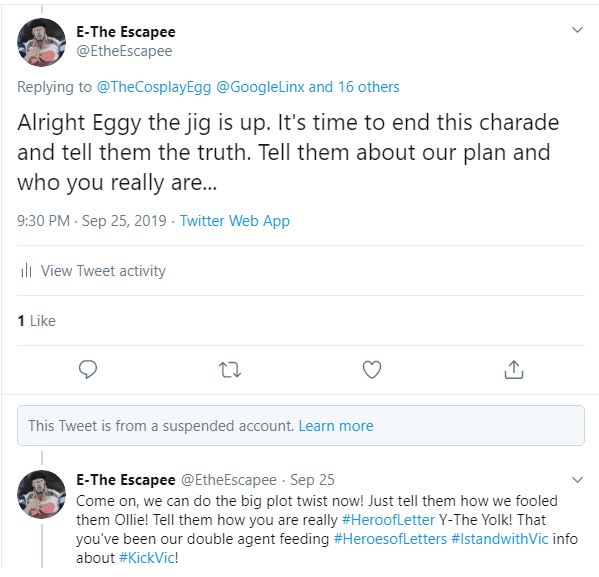 EtheEscapee's tweet photo. Oof. Did a not-so-bright ban evading #KickVic cosplayer just admit to being suspended account TheEggCosplay? Proving the #HeroesofLetters were right all along. Also what is this all talk about finding lio's insta? Eggy never found lio's insta wasn't that itheincel? Oof again. https://t.co/NneMASucCj