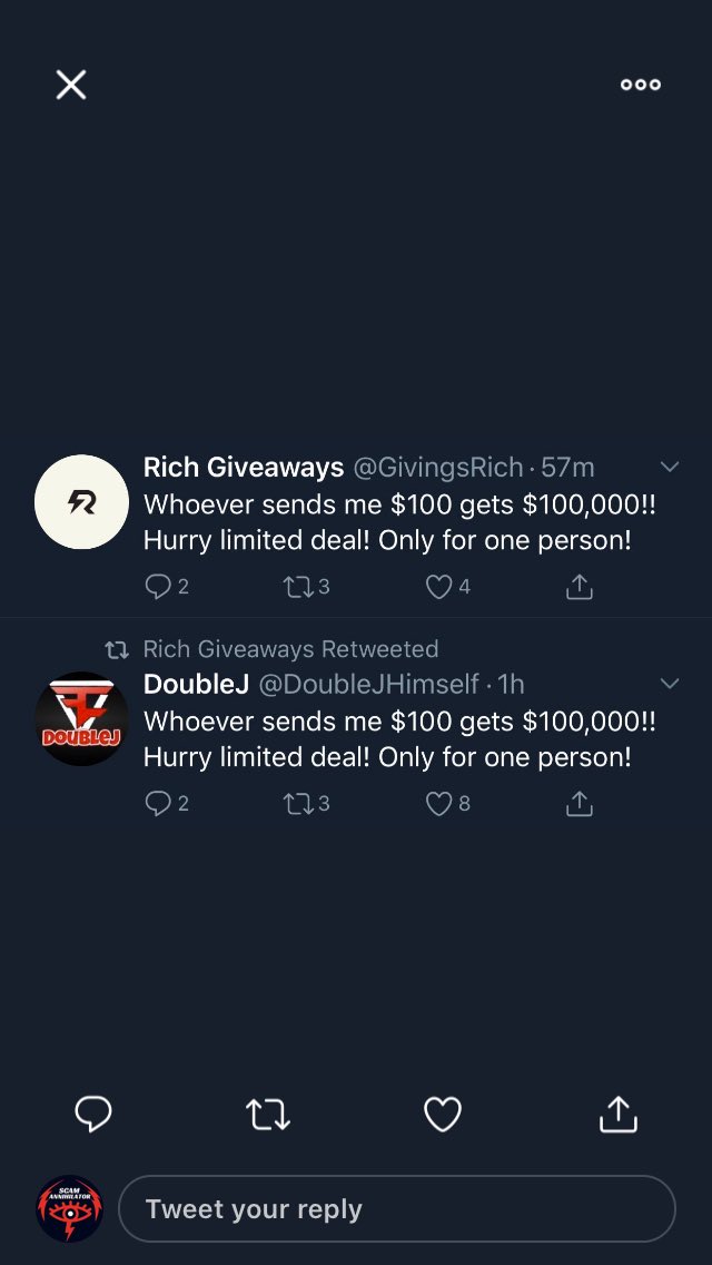 ScamAnnihilator's tweet photo. @DoubleJServices #DoubleJServices Formerly @DoubleJHimself #DoubleJHimself Formerly @CyberGifter #CyberGifter Formerly @RavenGifter #RavenGifter #scammer.  #RUB #ScamAlert #Twitter #Scammer #Scams #GiveawayScam #GiveawayScams 👁‍🗨 https://t.co/sOZc5Nh38E