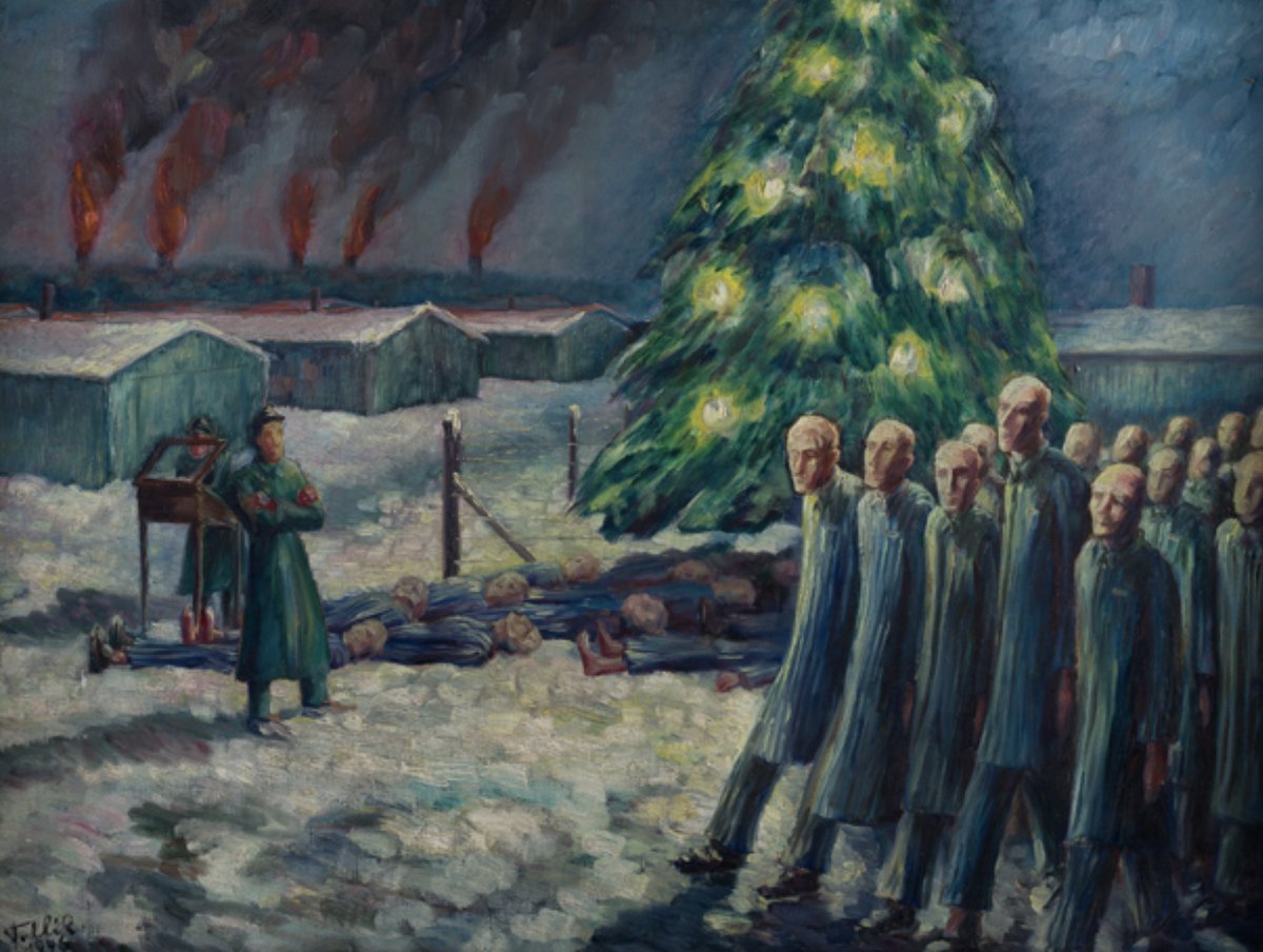 AuschwitzMuseum's tweet photo. "#Christmas Eve". A painting by an #Auschwitz survivor Janina Tollik (1946). https://t.co/Qh7T4a69c4