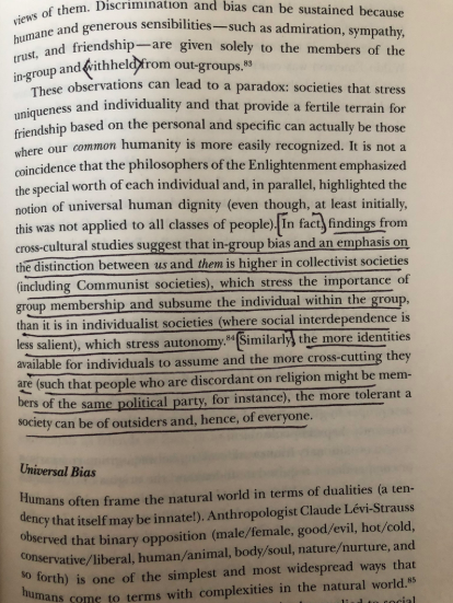 “In fact, findings from cross-cultural studies suggest that in-group bias is higher in collectivist societies (including communist societies) than it is in individualist societies which stress autonomy.”  https://amzn.to/39bnRWn 