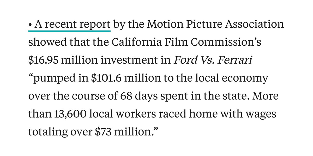 Motion Picture Association (@motionpictures) on Twitter photo The film industry drives economic growth.
Case in point: In a recent op-ed on California's economy, <a href="/Lenny_Mendonca/">Lenny Mendonca</a> (<a href="/GavinNewsom/">Gavin Newsom</a>’s chief economic and business advisor) mentions how #FORDvFERRARI boosted the local economy by more than $100 million.
More: sfchronicle.com/opinion/openfo… The film industry drives economic growth.
Case in point: In a recent op-ed on California's economy, <a href="/Lenny_Mendonca/">Lenny Mendonca</a> (<a href="/GavinNewsom/">Gavin Newsom</a>’s chief economic and business advisor) mentions how #FORDvFERRARI boosted the local economy by more than $100 million.
More: sfchronicle.com/opinion/openfo…