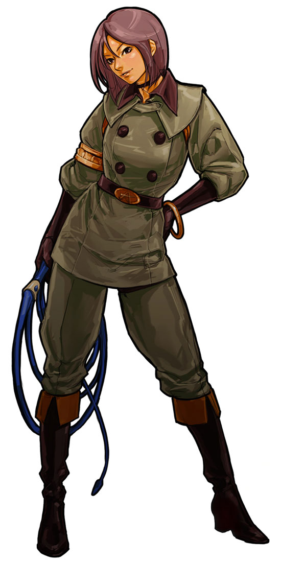 WHIP (no cool title)Age: 16Country: ???Team: Ikari TeamOrigins: KOF '99a mysterious warrior who fights with her whip, named voodoo. she's actually a clone of k's older sister seirah. she's worked with K' Team in the past, but now she belongs to the Ikari Warriors.