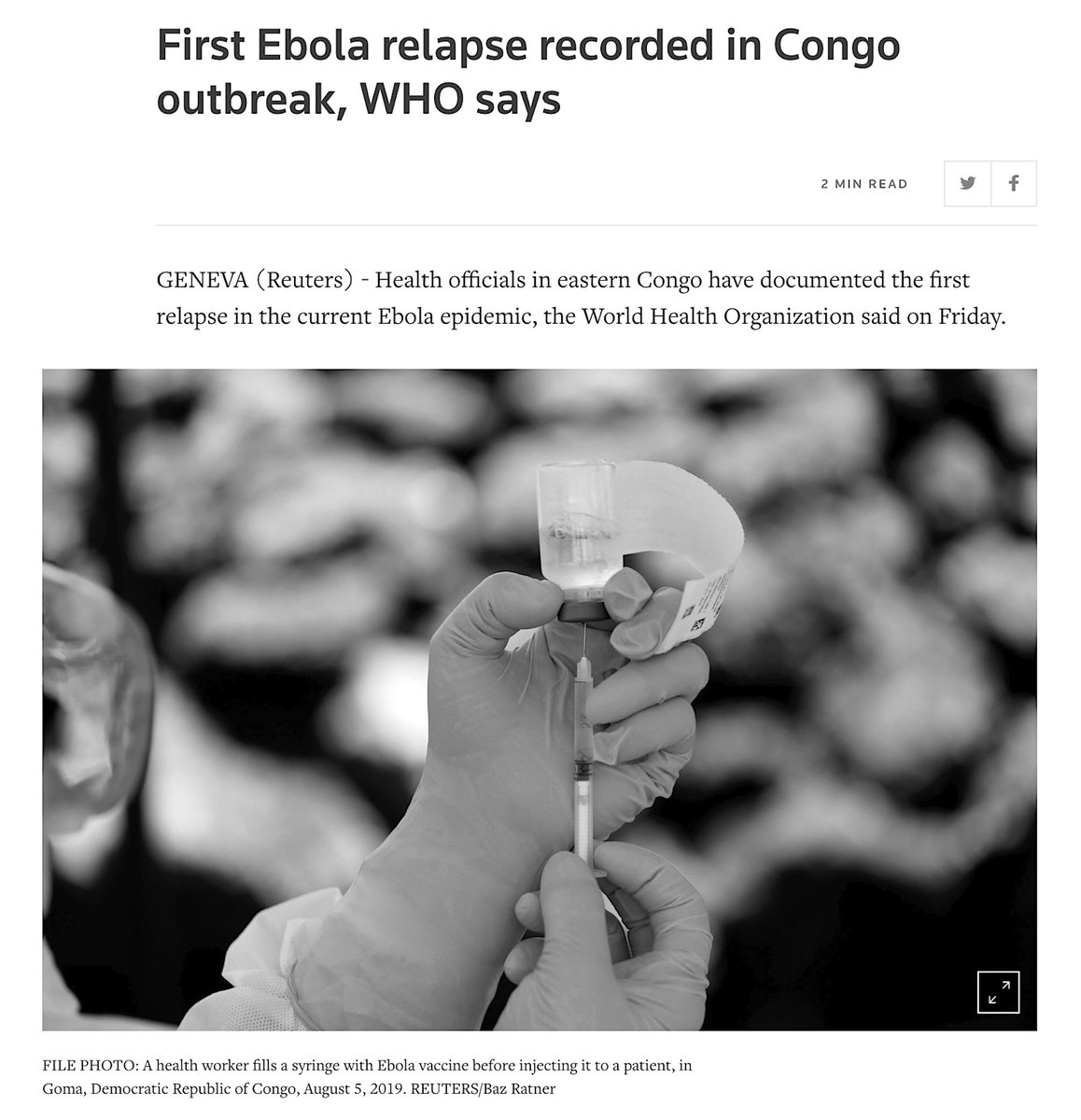 From Autism, Back To Ebola For A Moment.The Ebola Outbreak In Congo Has Infected More Than 3,300 People, And Killed More Than 2,200 Since Mid 2018, Making It The Second-Worst Outbreak On Record.Reuters, December 20, 2019 https://www.reuters.com/article/us-health-ebola-congo/first-ebola-relapse-recorded-in-congo-outbreak-who-says-idUSKBN1YO1CQ