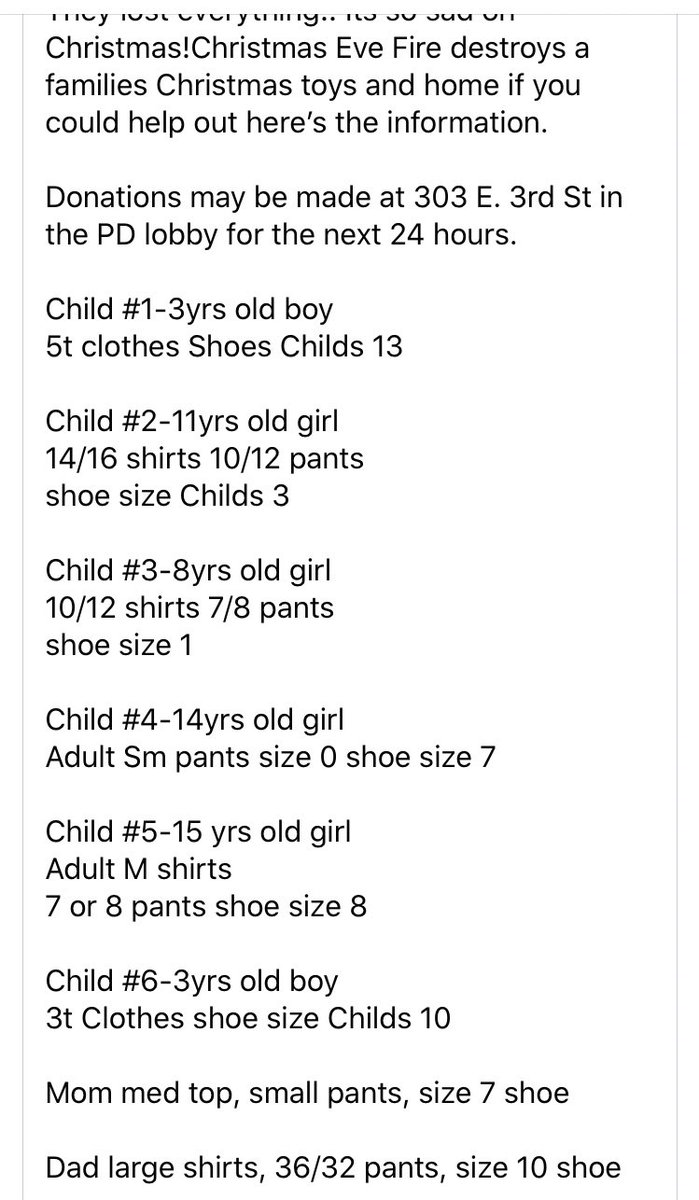 Kayla_Renee15's tweet photo. A family of 8 lost everything on Christmas Eve to a house fire and these are the sizes of clothes/shoes for each of them. Christmas is the time for giving and helping the people in need. If you’re in the Joplin area please please please help anyway you can❤️ https://t.co/DqVz3k9xtq