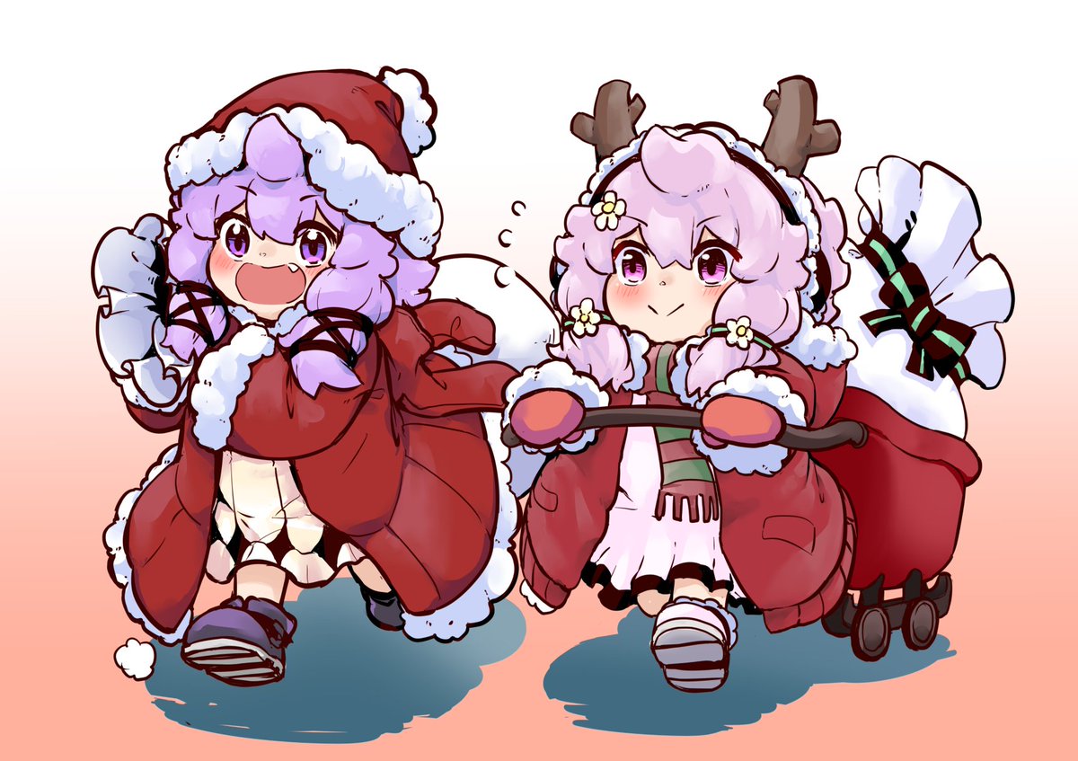 yuzuki yukari multiple girls 2girls santa hat purple eyes purple hair hat reindeer antlers  illustration images