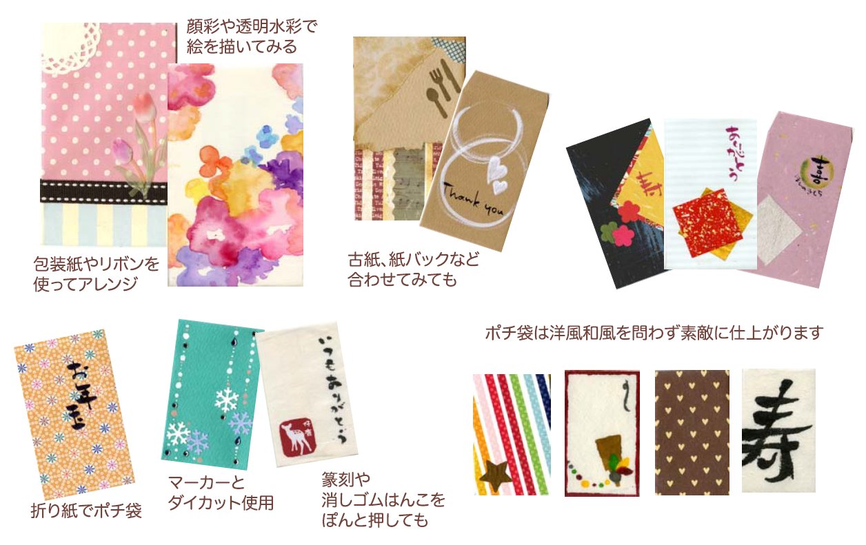 株式会社呉竹 文具 お正月に大活躍 ポチ袋が作れるテンプレート ４つのサイズのポチ袋が作れるテンプレートです お手持ちのかわいい柄の紙や 包装紙 イラストや文字を書いた紙などを使って 簡単にポチ袋が作れます お年玉以外にも