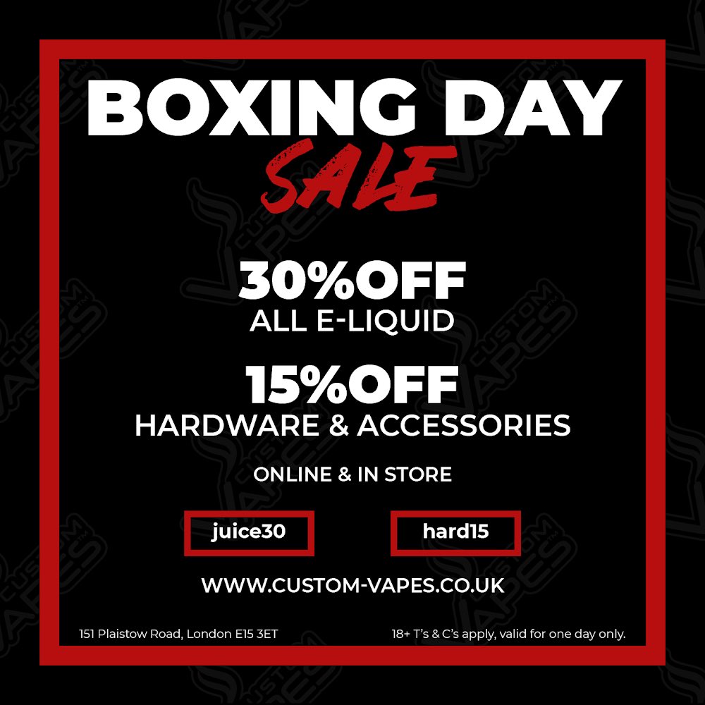 Custom Vapes Boxing Day Sale With Upto 90 Off Selected Items Use Coupons On Checkout T Co Nrs1zafh2a Ecigs Ejuice Vape Vaper Ukvapers Customvapes Boxingdaysale Quitforchristmas T Co 5ipssrtkht